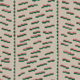 Textile pattern with vertical bands of coral and green geometric shapes on a beige background, digitally rendered with a woven texture.